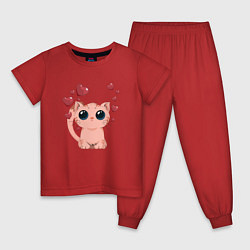 Пижама хлопковая детская КОШЕЧКА И СЕРДЦА, цвет: красный