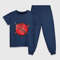 Пижама хлопковая детская Японский меч, катана и ветви с красными цветами, цвет: тёмно-синий