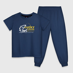 Пижама хлопковая детская Счастливая рыбацкая футболка не стирать, цвет: тёмно-синий