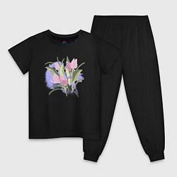 Пижама хлопковая детская Нежные весенние тюльпаны, цвет: черный