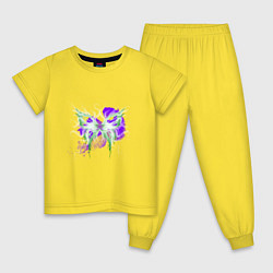 Пижама хлопковая детская Неоновая зелено-фиолетовая бабочка, цвет: желтый