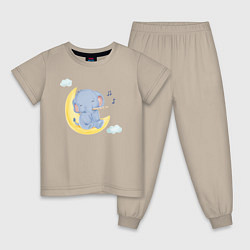 Пижама хлопковая детская Милый Слонёнок Сидит На Месяце Играя На Флейте, цвет: миндальный