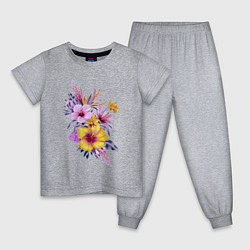 Пижама хлопковая детская Цветы Разноцветные Гибискусы, цвет: меланж