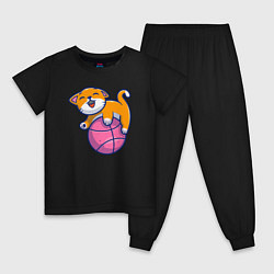 Пижама хлопковая детская Котик с мячиком, цвет: черный