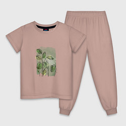 Пижама хлопковая детская Нежные листья на акварельном фоне, цвет: пыльно-розовый