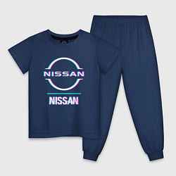 Пижама хлопковая детская Значок Nissan в стиле glitch, цвет: тёмно-синий
