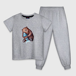 Пижама хлопковая детская Медведь-рыбак, цвет: меланж