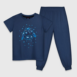 Пижама хлопковая детская Символ 2023 - Черный водяной кролик ловит капли, цвет: тёмно-синий