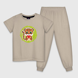 Пижама хлопковая детская Мультяшный тигрёнок с сердцем, цвет: миндальный