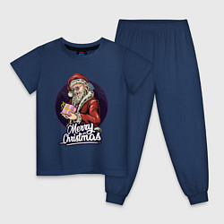 Пижама хлопковая детская Санта с подарком, цвет: тёмно-синий