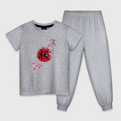Пижама хлопковая детская Цветущая вишня и красный круг с японским иероглифо, цвет: меланж
