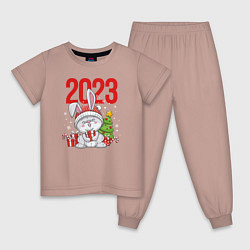 Пижама хлопковая детская Зайчик с елочкой 2023, цвет: пыльно-розовый