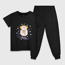 Пижама хлопковая детская Снеговик лыжник, цвет: черный