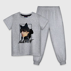Пижама хлопковая детская Wednesday Black cat, цвет: меланж