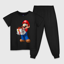 Пижама хлопковая детская Марио держит подарок, цвет: черный