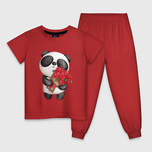 Детская пижама Панда с букетом цветов / Красный – фото 1