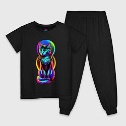 Пижама хлопковая детская Кот в стиле киберпанк, цвет: черный
