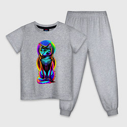 Пижама хлопковая детская Кот в стиле киберпанк, цвет: меланж