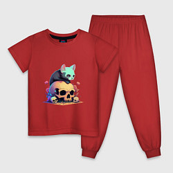 Пижама хлопковая детская Черный кот на черепе, цвет: красный