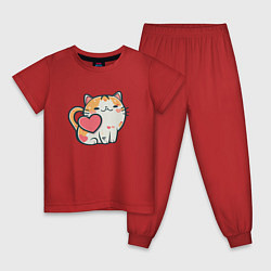 Пижама хлопковая детская Котик с сердечками, цвет: красный