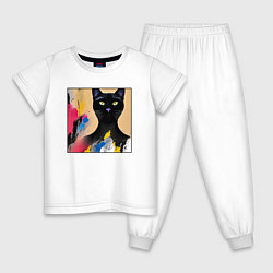 Пижама хлопковая детская Черный кот из нейросети, цвет: белый