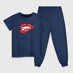 Пижама хлопковая детская Красные прикушенные губы, цвет: тёмно-синий
