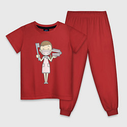 Пижама хлопковая детская Врач-стоматолог держит щётку и челюсть, цвет: красный