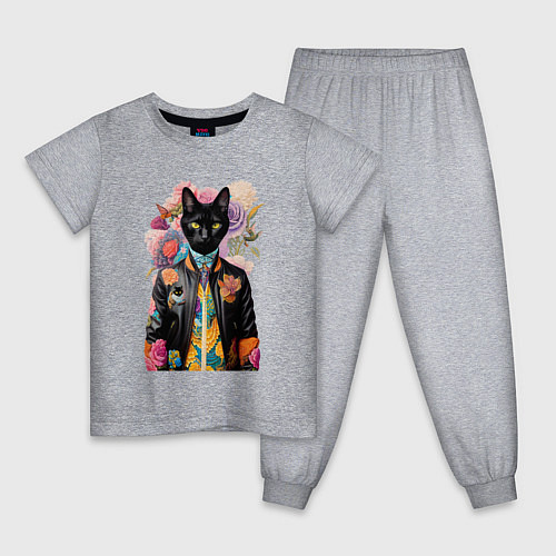 Детская пижама Чёрный кот модник - нейросеть / Меланж – фото 1