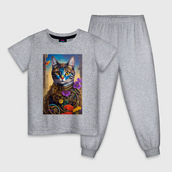 Пижама хлопковая детская Кот в стиле стимпанк - нейросеть - искусство, цвет: меланж