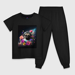 Пижама хлопковая детская Мопс-космонавт в цветах, цвет: черный