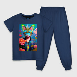 Пижама хлопковая детская Кошачья мода - нейросеть - живопись, цвет: тёмно-синий