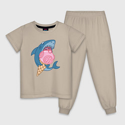 Пижама хлопковая детская Акула с мороженым, цвет: миндальный