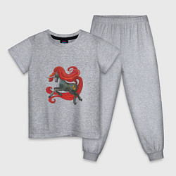 Пижама хлопковая детская Серый единорог с красной гривой, цвет: меланж