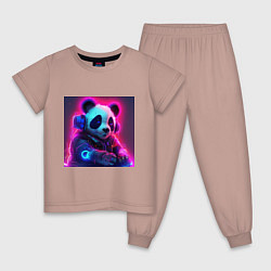 Пижама хлопковая детская Диджей панда в свете неона, цвет: пыльно-розовый