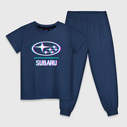 Пижама хлопковая детская Значок Subaru в стиле glitch, цвет: тёмно-синий
