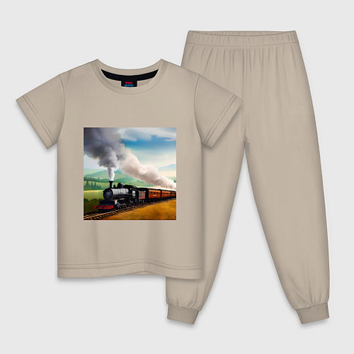 Детская пижама Ретро поезд / Миндальный – фото 1