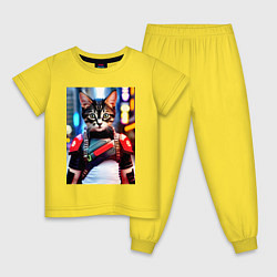Пижама хлопковая детская Милый котёнок - киберпанк, цвет: желтый