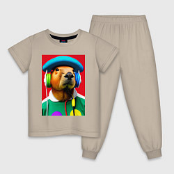 Пижама хлопковая детская Капибара в наушниках и шляпе - нейросеть, цвет: миндальный
