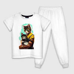 Пижама хлопковая детская Кот с котёнком - нейросеть, цвет: белый