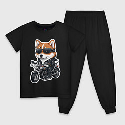 Пижама хлопковая детская Shiba Inu собака мотоциклист, цвет: черный
