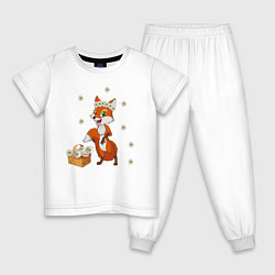 Пижама хлопковая детская Лиса с лукошком ромашек, цвет: белый