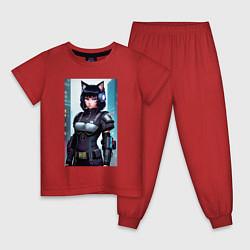 Пижама хлопковая детская Девчонка-кошка - киберпанк - нейросеть, цвет: красный