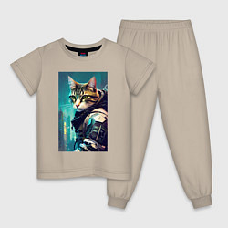 Пижама хлопковая детская Крутой котейка - киберпанк - нейросеть, цвет: миндальный