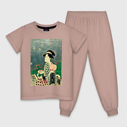 Пижама хлопковая детская Утамаро Китагава - гравюра Ловля светлячков, цвет: пыльно-розовый