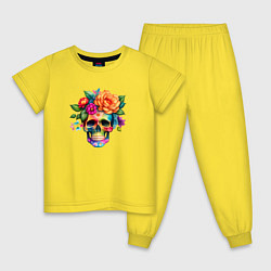 Пижама хлопковая детская Череп с цветами в мексиканском стиле, цвет: желтый