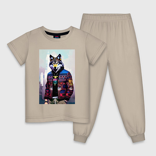 Детская пижама Модный волчара - житель Нью-Йорка - нейросеть / Миндальный – фото 1