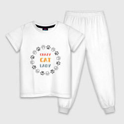 Пижама хлопковая детская Смешная надпись crazy cat lady, цвет: белый