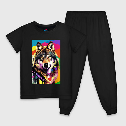 Детская пижама Красочный волк - поп-арт - нейросеть / Черный – фото 1