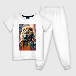 Пижама хлопковая детская Лев в драной куртке - хиппи, цвет: белый