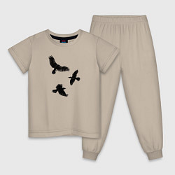 Пижама хлопковая детская Птицы черные вороны, цвет: миндальный